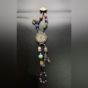 VINTAGE MARCASITE FACE STERLING SILVER CHARM GLASS BEAD BUFFALO NICKEL WATCH